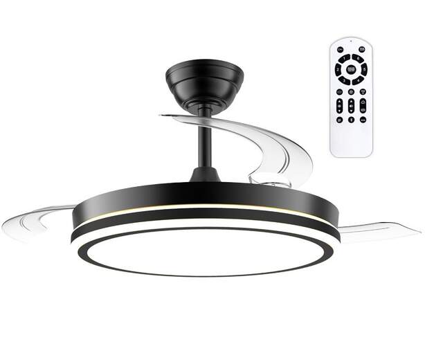Ventilador Techo CristalRecord Night Eco-48W, Retr&aacute;ctiles, Temporizador, Led, Mando, Negro