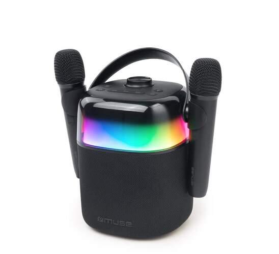 Altavoz BT Karaoke Muse M-530 KA, 30W, 6 modos de luz, 2 micrófonos inalámbricos